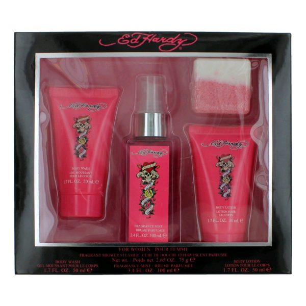 Ed Hardy by Christian Audigier, 4 Piece Bath&Body Gift Set women With Steamer