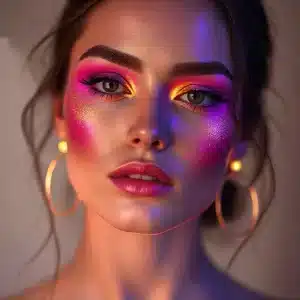 Model glowing with purple and gold aura makeup, symbolizing 2025's Makeup Mood Ring Trend"]