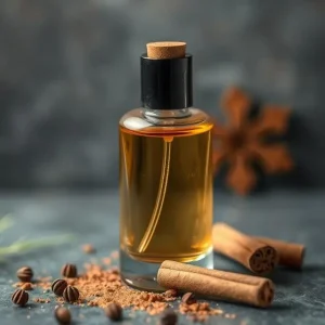 Spiced perfume bottle with amber and cinnamon notes.