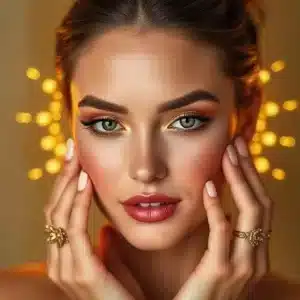 Model wearing gold aura makeup for confidence – Makeup Mood Ring Trend 2025