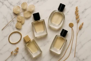 Home Flat lay of luxury unisex perfumes on marble background with gold accents.