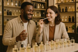 “Customers testing luxury unisex perfumes at a boutique scent counter.”