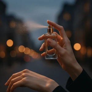  “Spraying luxury unisex perfume with visible mist against city backdrop.”