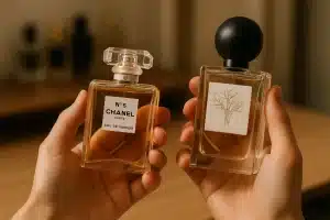 "Person thoughtfully choosing between a designer and a niche perfume bottle - Palisade Scents"