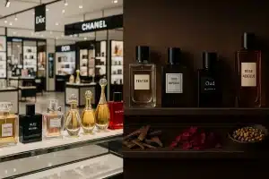 Home "Feature image comparing designer perfume counter and niche fragrance boutique – a visual guide to scent styles by Palisade Scents"