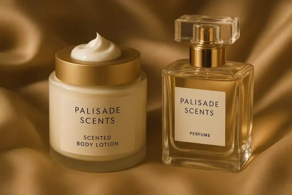 "Scented body lotion and matching perfume for effective fragrance layering."
