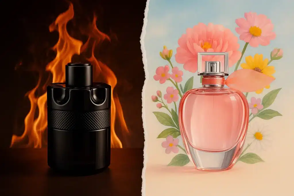 A visually striking composition featuring two contrasting perfume bottles — one dark and elegant representing a spicy oriental fragrance like Azzaro The Most Wanted Parfum, and the other light and colorful symbolizing a bright, fruity floral scent. The scene includes soft lighting and abstract background elements to evoke creativity and contrast, suggesting the art of fragrance layering through inspiring combinations.