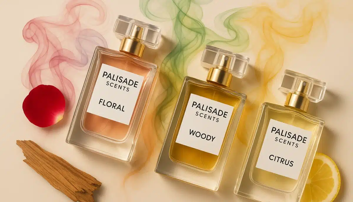 "Artistic display of perfume bottles for fragrance layering with scent swirls."